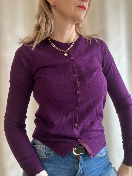 Joseph Sweaters - JOSEPH 100% Basic Cashmere Crewneck Cardigan - Purple - Grosgrain trim ,Size S